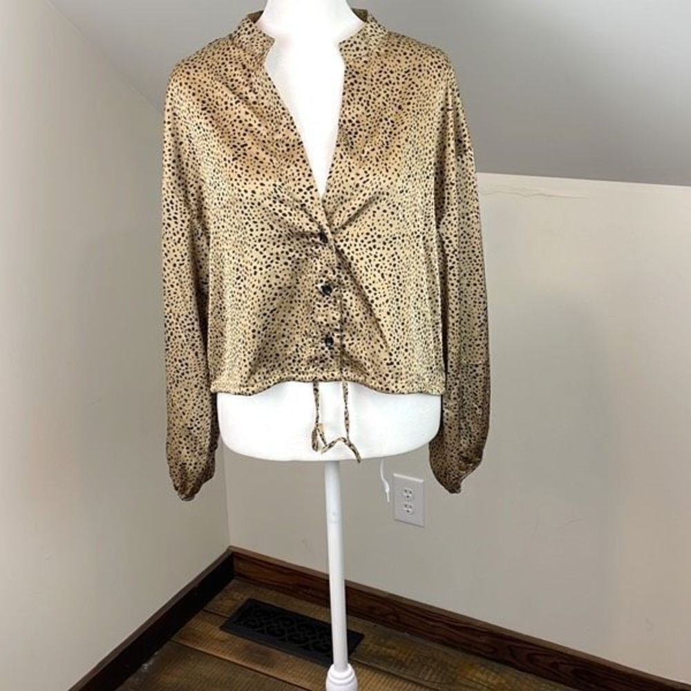 Jon & Anna Contemporary Womens Leopard Blouse Top Long Sleeve Button Tan Size XL